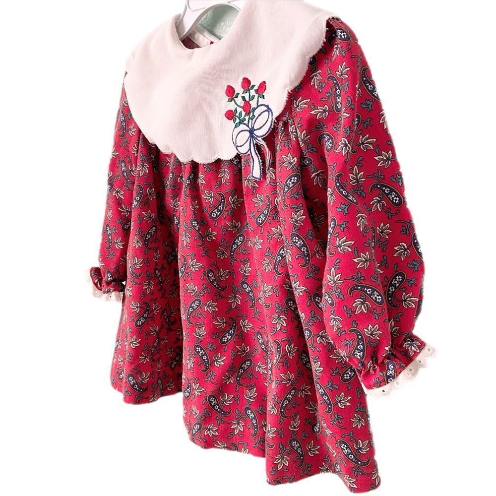 Vintage Little Bitty Red Paisley Baby Dress with White Collar in Size 24M - Picture 3 of 7
